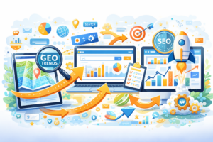 Ilustración del proceso de análisis y optimización SEO y GEO mediante datos y mapas.