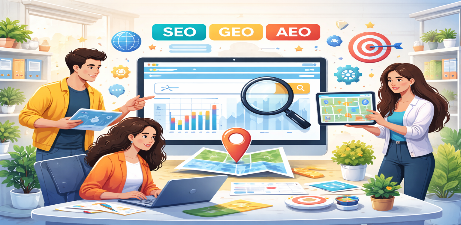 Ilustración de análisis y optimización SEO, GEO y AEO con gráficos de rendimiento y mapas geolocalizados.