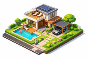 ​Casa moderna de dos pisos con diseño sostenible, paneles solares en el techo, piscina exterior, jardín verde y cochera, ilustración isométrica de vivienda contemporánea.