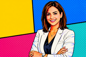 ​Ilustración estilo pop art de mujer profesional sonriendo, con brazos cruzados, vestimenta ejecutiva y fondo colorido con patrones gráficos modernos.