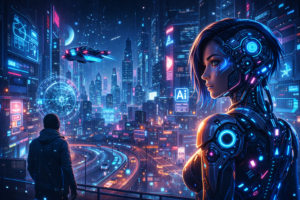 ​Ilustración futurista de mujer androide con inteligencia artificial observando una ciudad cyberpunk iluminada con neones, rascacielos tecnológicos, hologramas digitales y vehículos voladores de noche.