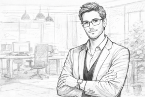 ​Ilustración en estilo boceto de hombre profesional con lentes y vestimenta ejecutiva, de brazos cruzados, en oficina moderna con escritorios y computadoras al fondo.