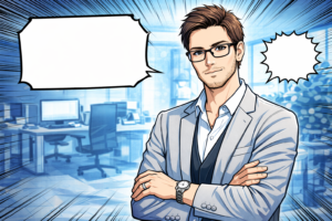 ​Ilustración estilo cómic de hombre profesional con lentes y brazos cruzados en oficina moderna, con globos de diálogo vacíos y diseño visual dinámico.