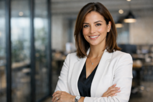 ​Mujer profesional sonriente con blazer blanco en oficina moderna, retrato corporativo para marca personal o empresa.