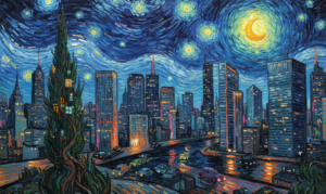 ​Ilustración artística de ciudad moderna de noche con rascacielos iluminados y cielo estrellado de estilo pictórico.