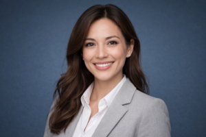 ​Retrato profesional de mujer con blazer gris y camisa blanca sobre fondo azul, imagen corporativa.