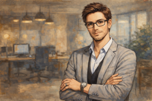 ​Ilustración de estilo artístico de un hombre joven profesional con lentes y traje gris, posando con los brazos cruzados en una oficina moderna con fondo desenfocado.