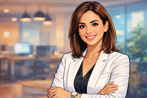 ​Ilustración de estilo artístico de una mujer profesional sonriente con saco blanco y blusa negra, posando con los brazos cruzados en una oficina moderna iluminada.