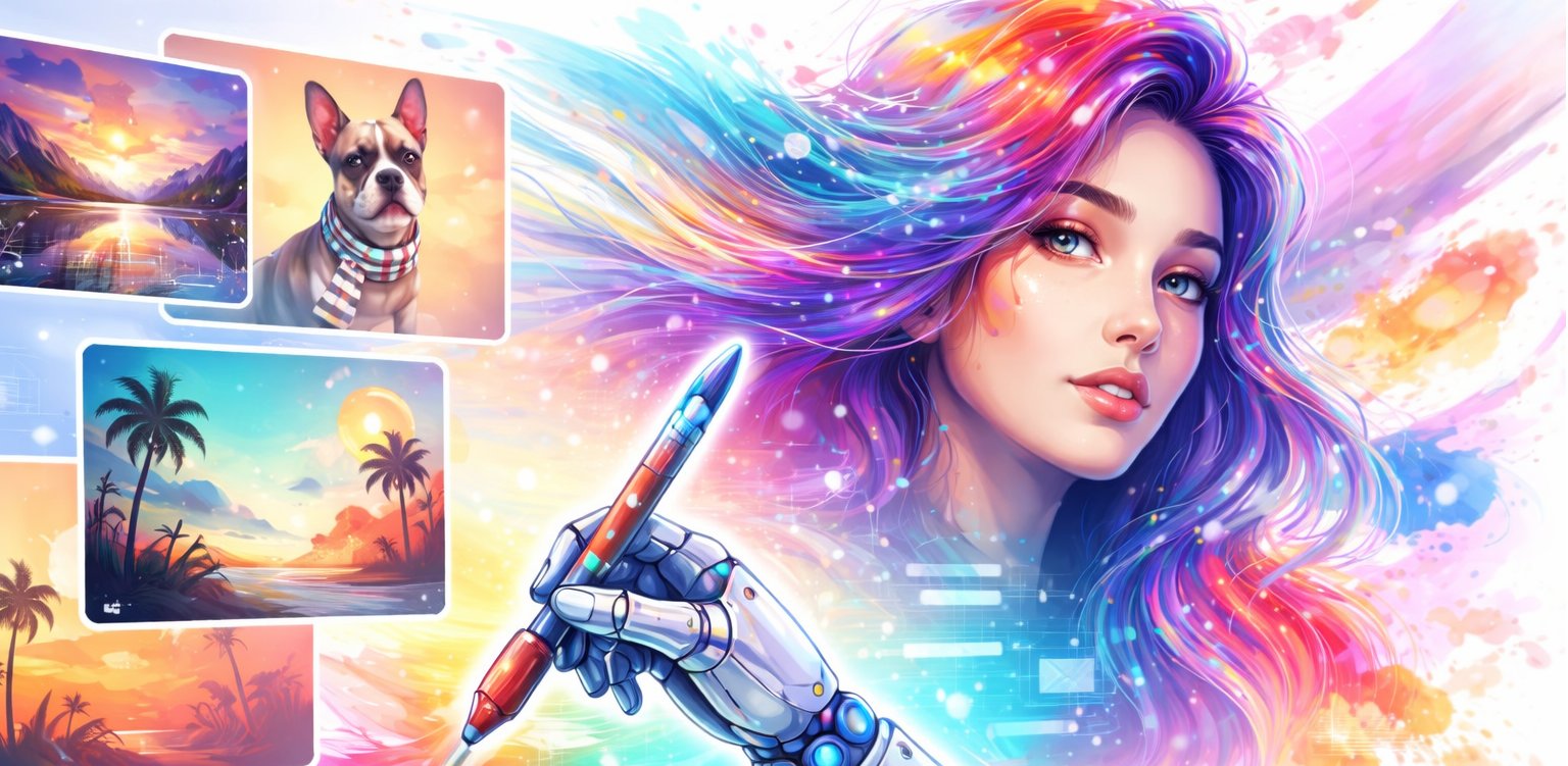 Ilustración digital de una mujer con cabello multicolor y una mano robótica sosteniendo un lápiz, rodeada de ejemplos de imágenes creativas como paisajes, playas y un retrato de perro, que representan la generación de estilos visuales con inteligencia artificial.