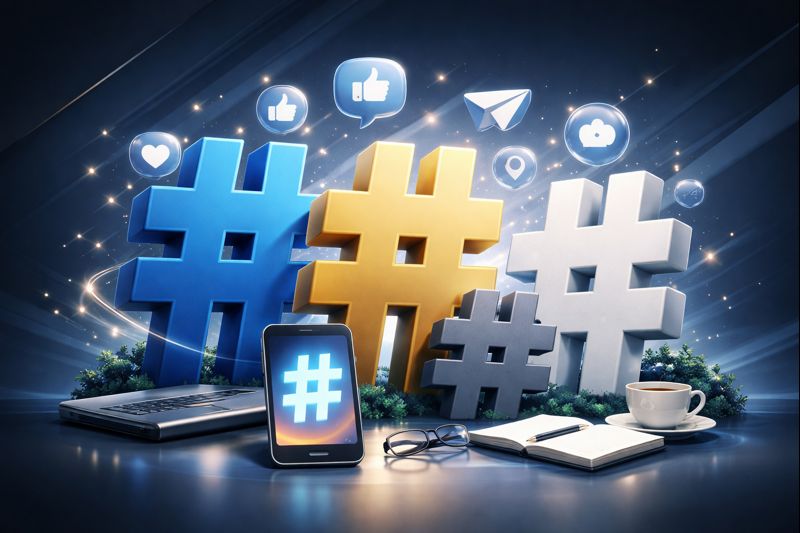 Texto alternativo: Ilustración digital de símbolos de hashtag en colores azul, amarillo y blanco junto a una laptop, un smartphone, una libreta y una taza de café, representando el uso de hashtags y redes sociales en estrategias de marketing digital.