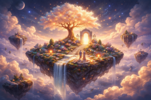 Ilustración fantástica de una isla flotante con un árbol luminoso en el centro, rodeado de flores, cascadas y luz cálida, donde dos figuras caminan hacia un portal brillante bajo un cielo celestial lleno de estrellas y nubes.